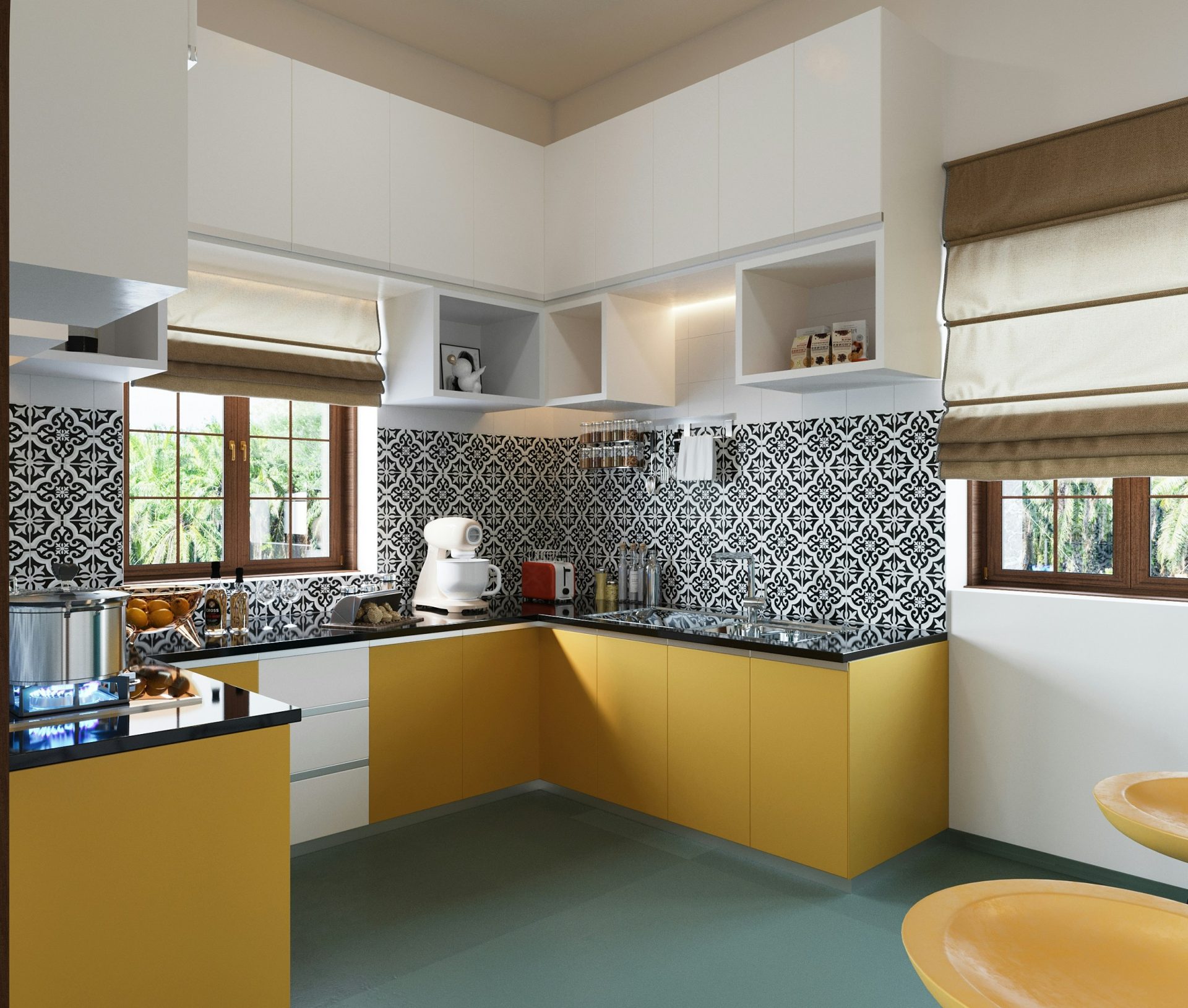 a kitchen with a yellow counter and yellow chairs